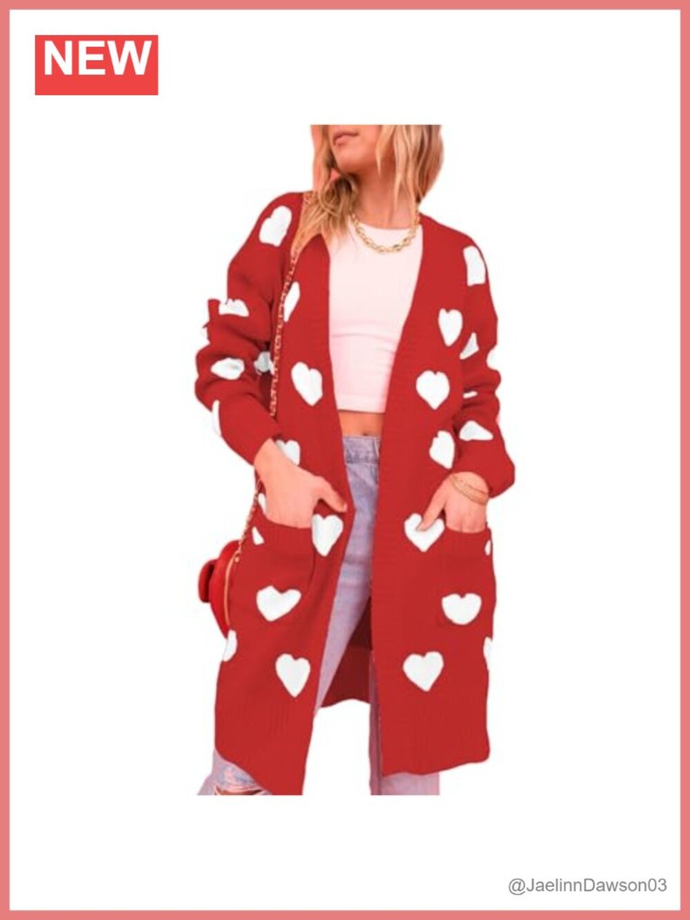 Open Front Long Cardigan Chunky Knit Heart Sweater with Pockets